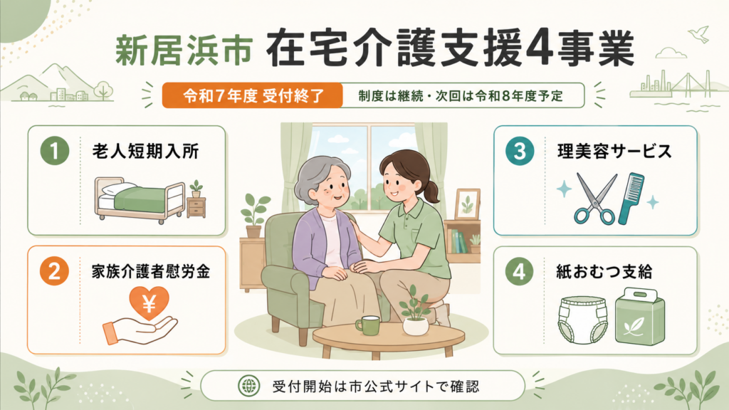 新居浜市の在宅介護支援4事業の対象条件と支給時期を整理した図
