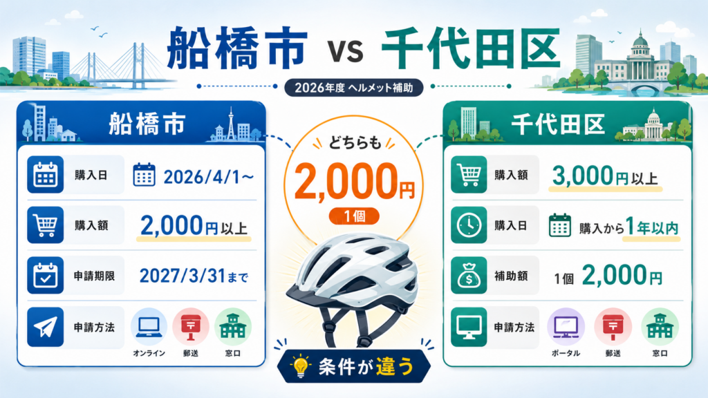 船橋市・千代田区ヘルメット補助金2026|申請方法を比較の解説図解1