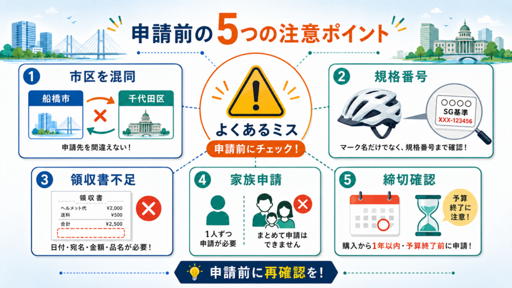 船橋市・千代田区ヘルメット補助金2026|申請方法を比較の解説図解3