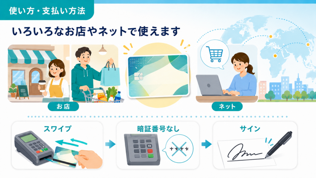 千代田区暮らし応援ギフトカードの支払い手順の図。店頭とネットショップの両方で使え、店頭では決済端末にカードをスワイプし、暗証番号は使わずサインで支払う流れ