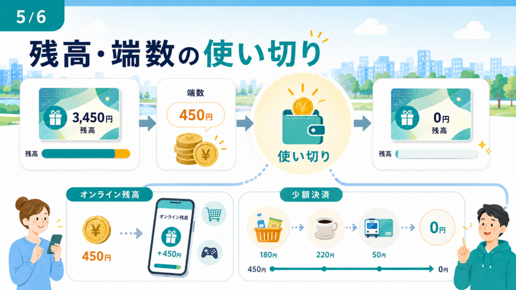 残高3,450円のカードから端数450円を、少額決済（180円・220円・50円）で0円まで減らして使い切る流れを示した図