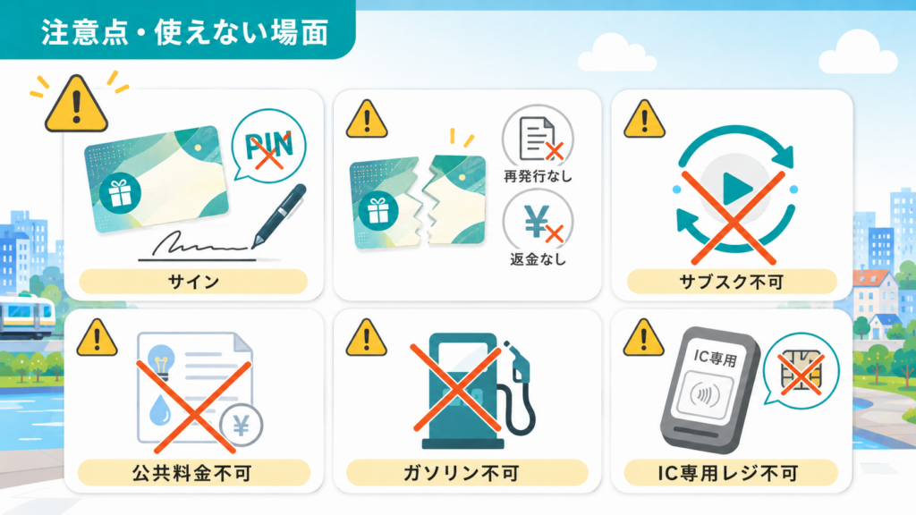 千代田区暮らし応援ギフトカードで注意すべき6場面の図。暗証番号は使わずサイン、紛失時は再発行と返金なし、サブスク不可、公共料金不可、ガソリンスタンド不可、IC専用レジ不可