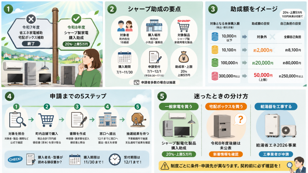 多気町省エネ家電補助は終了｜シャープ助成・宅配後継未公表の解説図解1