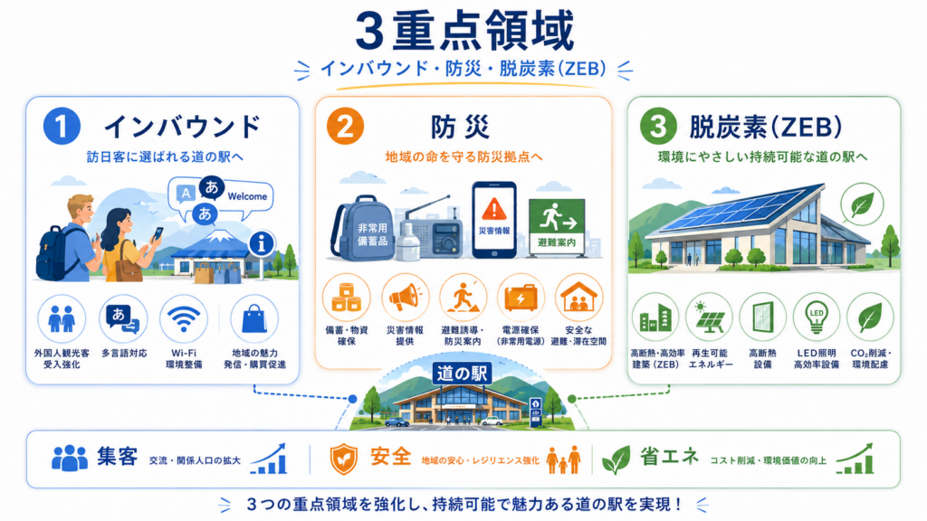 道の駅の3重点領域(インバウンド受入強化・防災拠点化・脱炭素ZEB)ごとに整備対象となる設備を並べた図