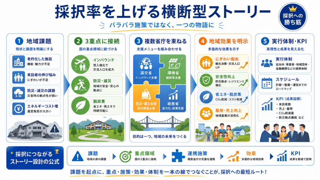 地域課題から重点領域・複数省庁の施策・地域効果・実行体制とKPIまでを一本の線でつなぐ計画書のストーリー構成図