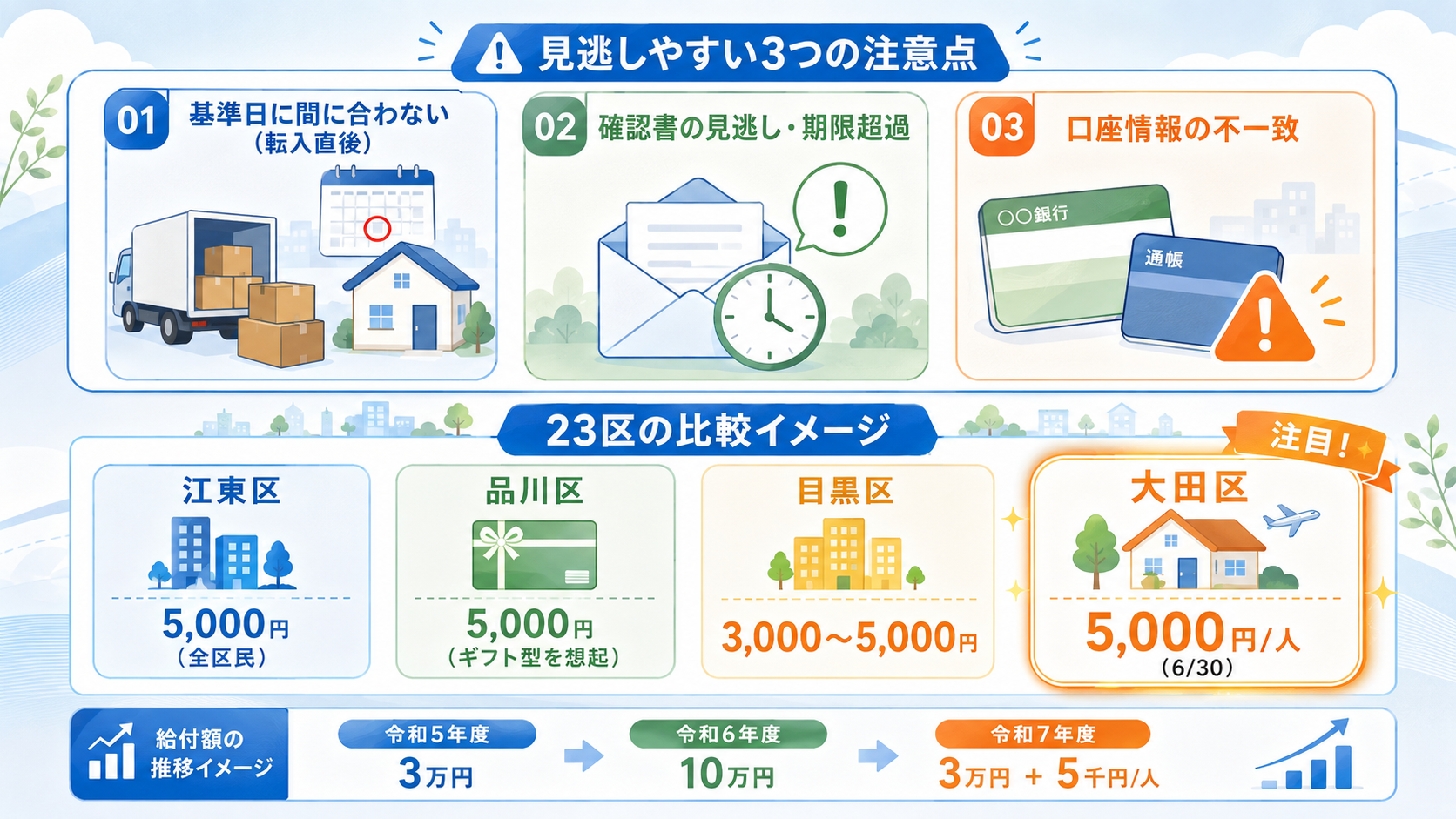 大田区 物価高騰給付金2026年｜全区民個人5千円・3人家族は1万5千円 の解説イラスト3
