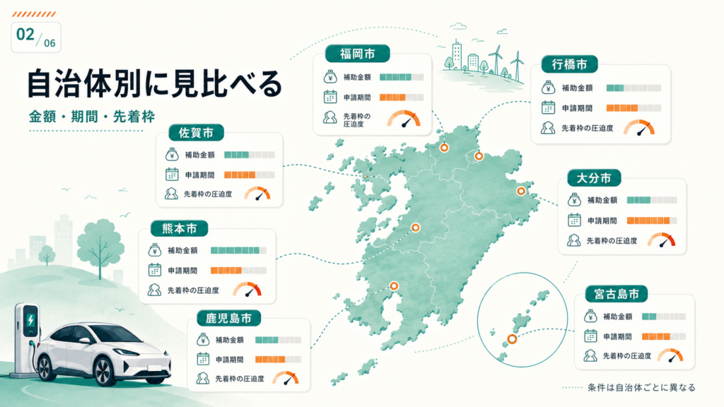 九州EV補助金2026年度｜自治体別一覧・国CEV併用190万円の解説図解2