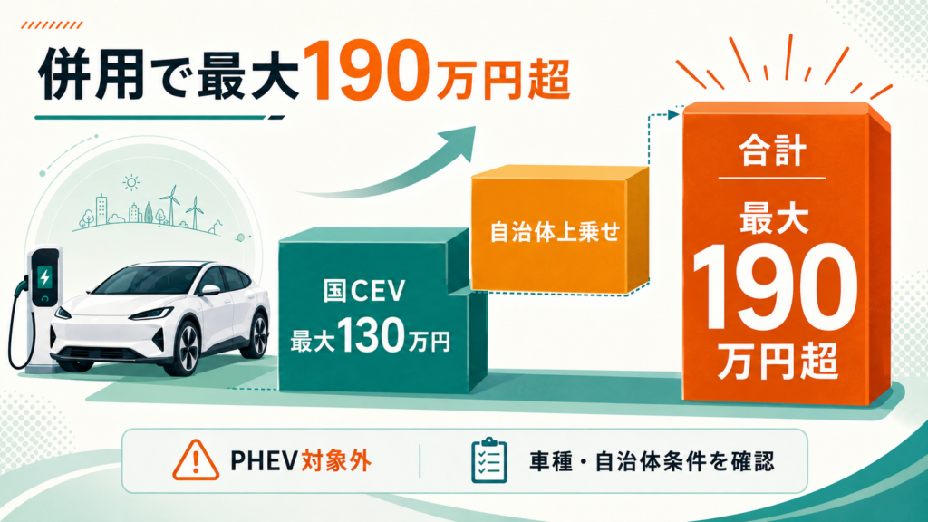 九州EV補助金2026年度｜自治体別一覧・国CEV併用190万円の解説図解3
