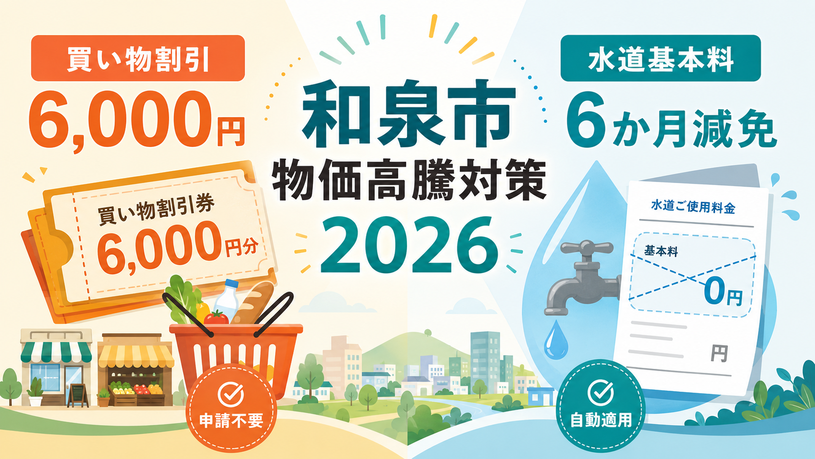 和泉市の物価高騰対策2026|令和8年度はお買い物割引チケット6,000円+水道基本料6か月減免(現金給付は終了)の解説図解1