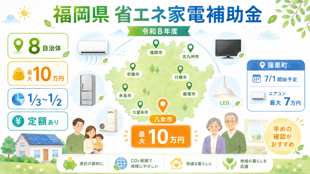 福岡県 省エネ家電補助金【令和8年度】8自治体を比較・一覧 の解説イラスト1