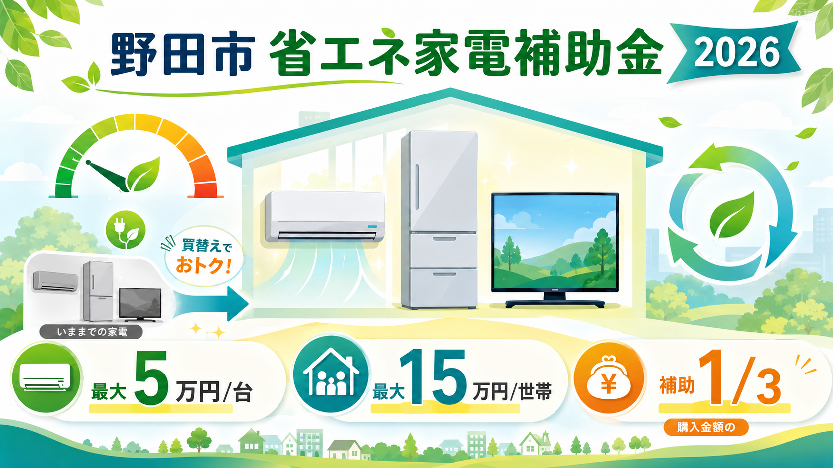 野田市の省エネ家電補助金【令和8年度版2026】エアコン・冷蔵庫・テレビ買換で最大15万円｜申請方法と対象条件を完全ガイド の解説イラスト1