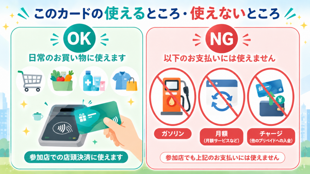 ガソリンスタンドや公共料金など決済が通らない失敗例と、その回避策を並べた対比図