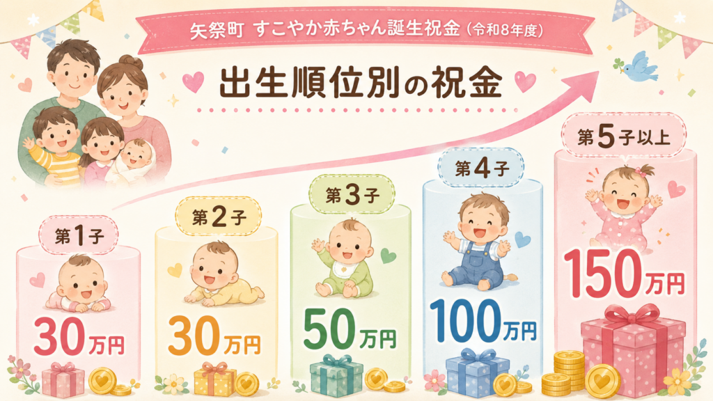 矢祭町 赤ちゃん誕生祝金第5子150万円・多子世帯支援の解説図解1