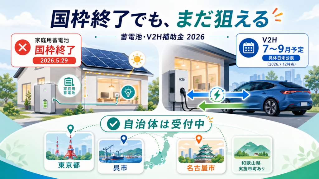 蓄電池・V2H補助金2026｜自治体受付中・国枠の最新状況の解説図解1