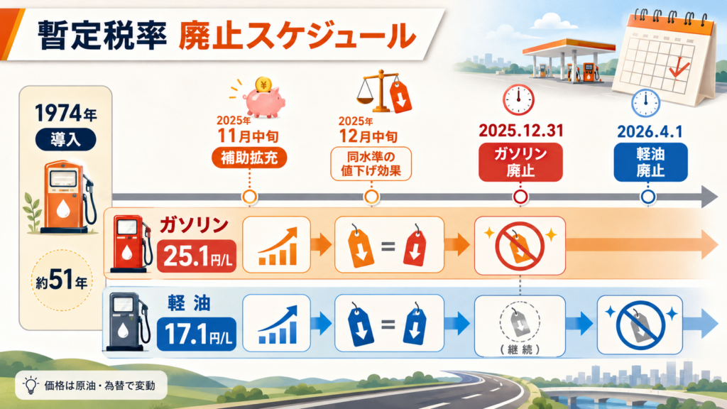ガソリン暫定税率廃止後の価格は?補助金の行方の解説図解1