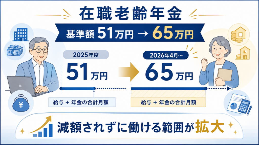 在職老齢年金の支給停止基準額が2025年度51万円から2026年4月65万円へ引き上げられ、減額されずに働ける範囲が拡大したことを示す図解
