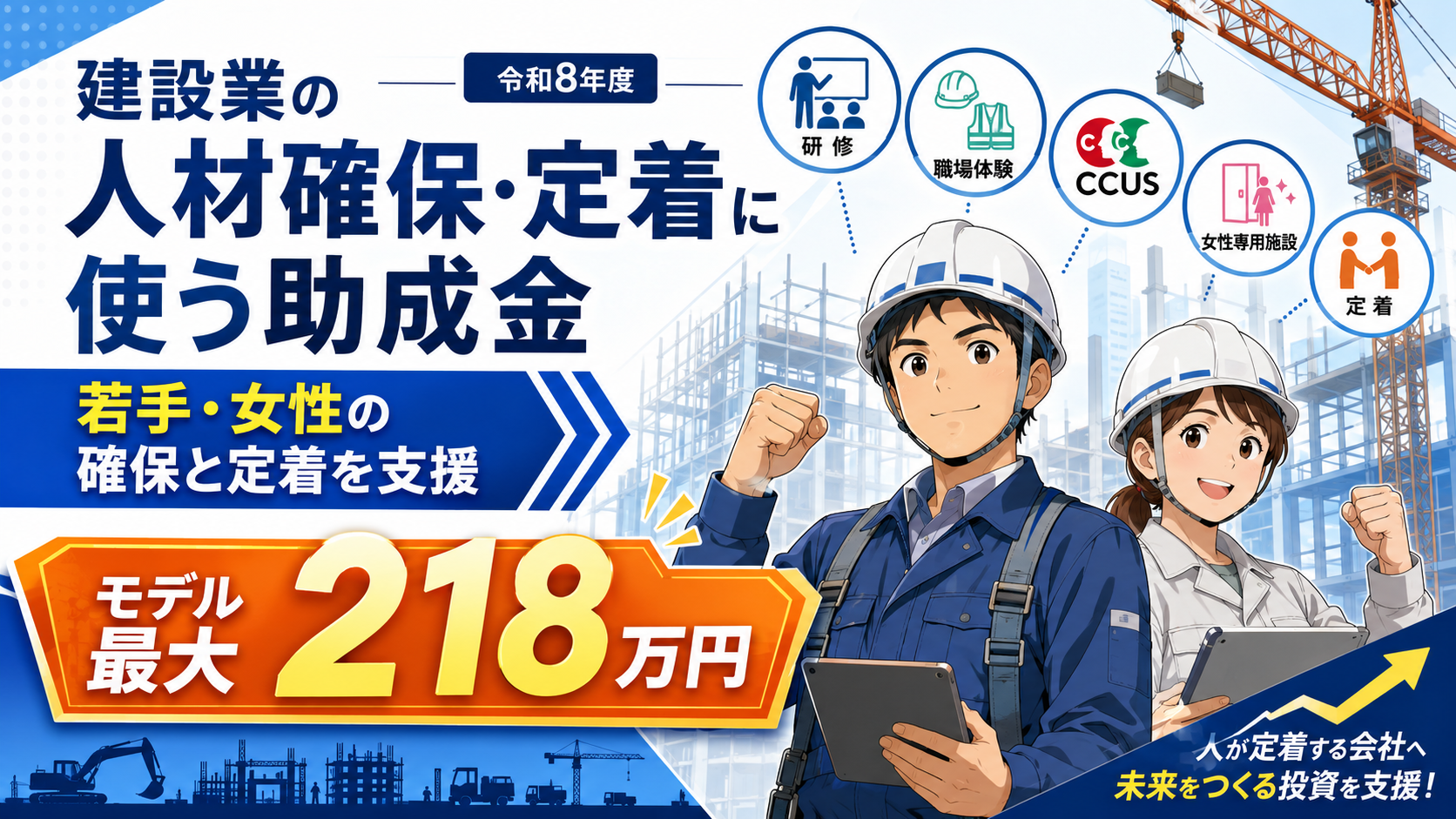 建設業の人材確保・定着助成金若年者・女性コース モデル最大218万円(定着助成126万円)の解説図解1