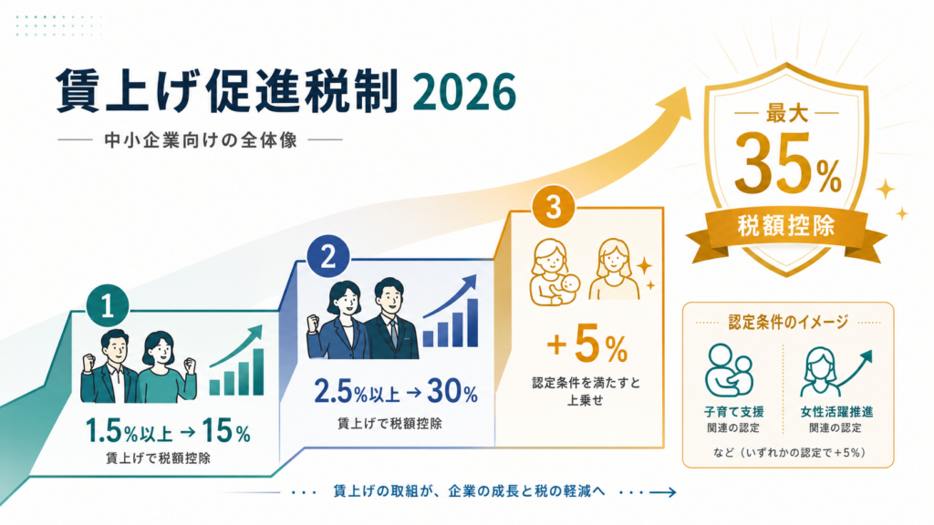 中小企業向け賃上げ促進税制2026｜最大35％控除と5年繰越の解説図解1