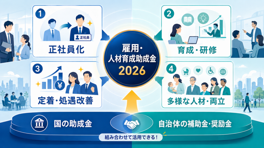 雇用・人材育成の助成金まとめ2026｜キャリアアップから両立支援までの解説図解1