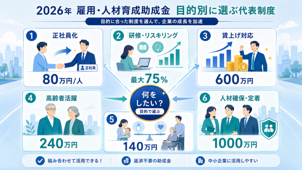 雇用・人材育成の助成金まとめ2026｜キャリアアップから両立支援までの解説図解2