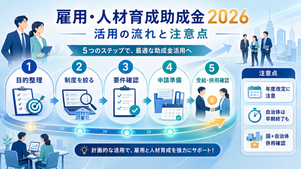 雇用・人材育成の助成金まとめ2026｜キャリアアップから両立支援までの解説図解3