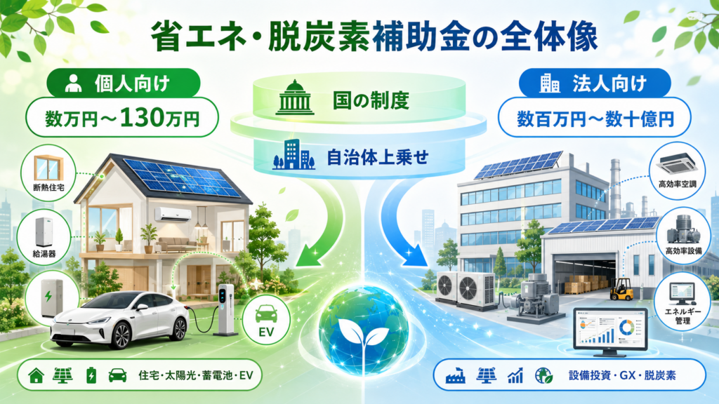 省エネ・脱炭素補助金まとめ｜個人・法人別の選び方と一覧の解説図解1