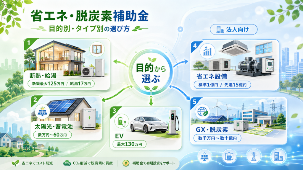 省エネ・脱炭素補助金まとめ｜個人・法人別の選び方と一覧の解説図解2