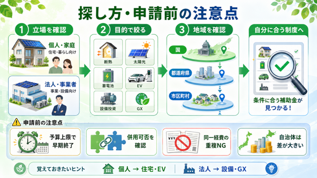 省エネ・脱炭素補助金まとめ｜個人・法人別の選び方と一覧の解説図解3