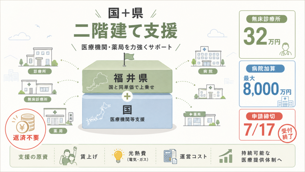 福井県医療機関等における賃上げ・物価高騰対策支援事業給付金最大8000万円の解説図解1