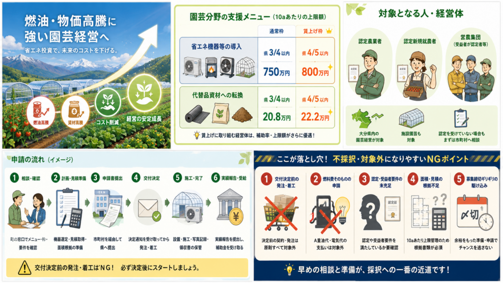 大分県 農林水産業燃油・物価高騰対策緊急支援事業（園芸）最大800万円・申請方法の解説図解1