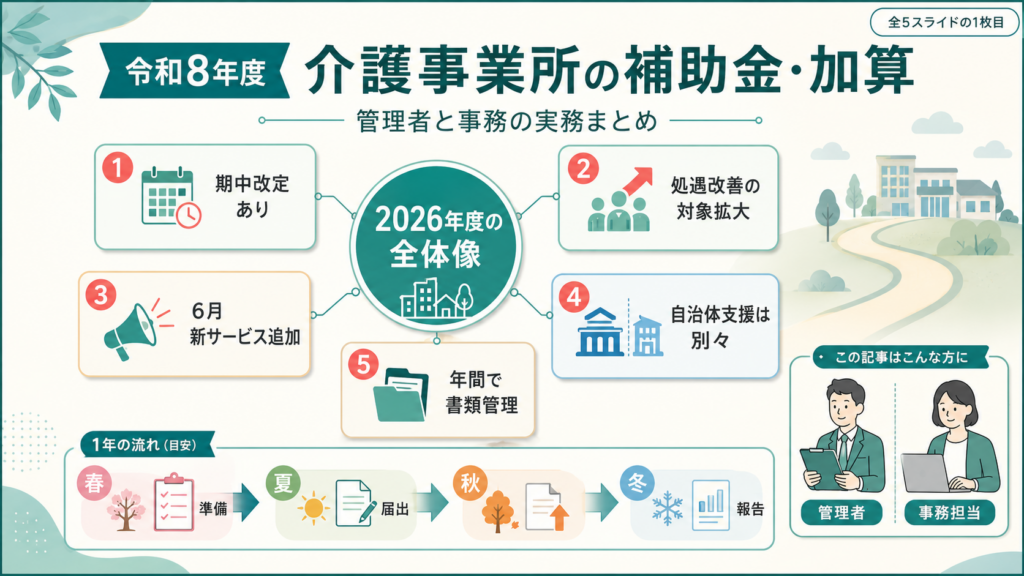 令和8年度介護事業所の補助金・加算｜管理者と事務の実務まとめの解説図解1