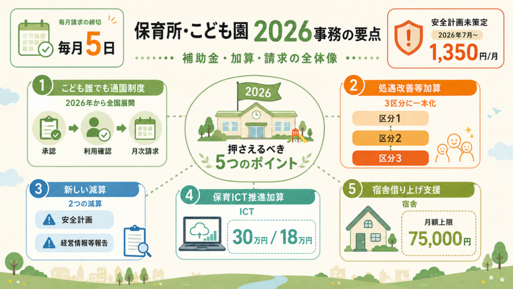 令和8年度に保育所・こども園が押さえる5点の全体像。こども誰でも通園制度、処遇改善等加算の3区分化、安全計画と経営情報等報告の2つの減算、保育ICT推進加算、宿舎借り上げ支援月額上限75,000円。毎月の請求締切は5日