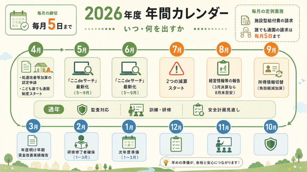 令和8年度の保育施設事務の年間カレンダー。4月に処遇改善等加算の認定申請と誰でも通園制度スタート、5〜9月にここdeサーチ最新化、7月に2つの減算開始、8月に経営情報等の報告、9月に所得情報切替、3月に賃金改善実績報告。監査対応・研修・安全計画見直しは通年