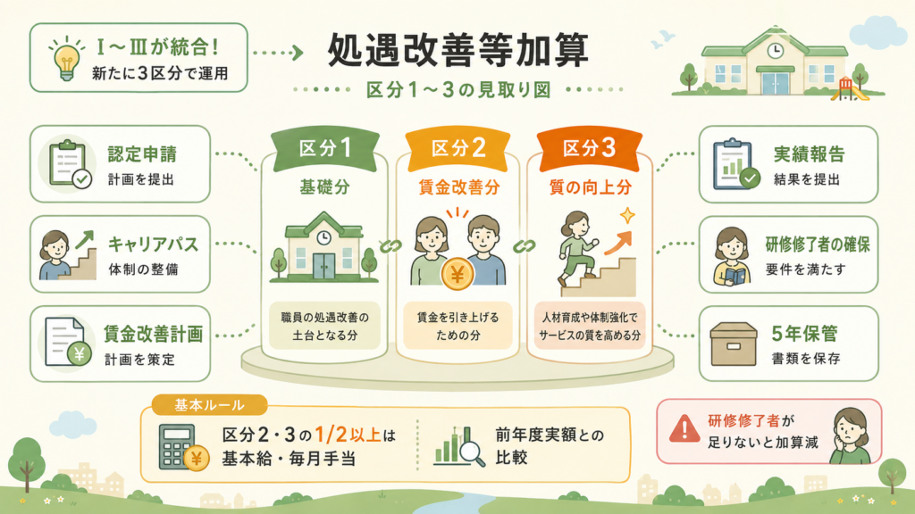 処遇改善等加算の区分1〜3の見取り図。ⅠからⅢが統合され、区分1が基礎分、区分2が賃金改善分、区分3が質の向上分。区分2・3の2分の1以上は基本給・毎月手当に充てる必要があり、研修修了者が不足すると加算が減る