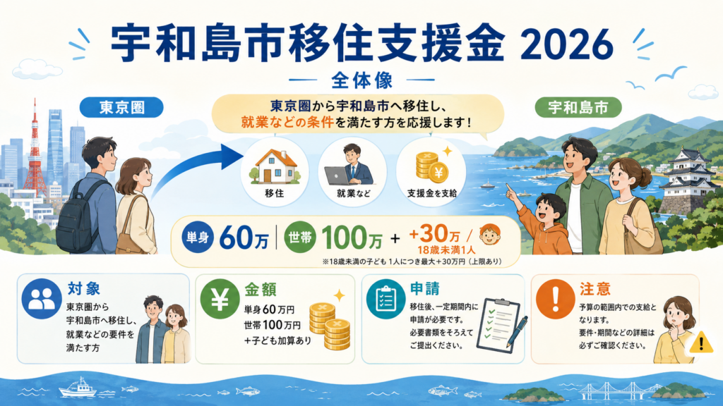 宇和島市移住支援金2026|単身60万・世帯100万円と申請の解説図解1