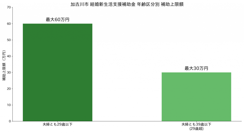 加古川市結婚新生活支援補助金 年齢区分別の補助上限額（29歳以下は最大60万円、39歳以下は最大30万円）