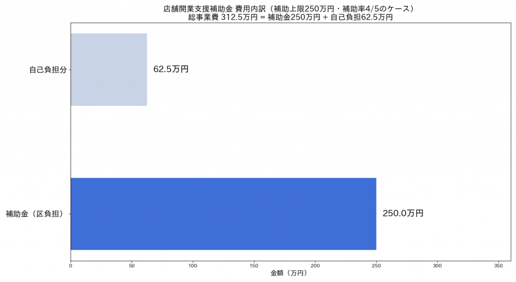 店舗開業支援補助金の費用内訳(補助金250万円と自己負担62.5万円の内訳グラフ)