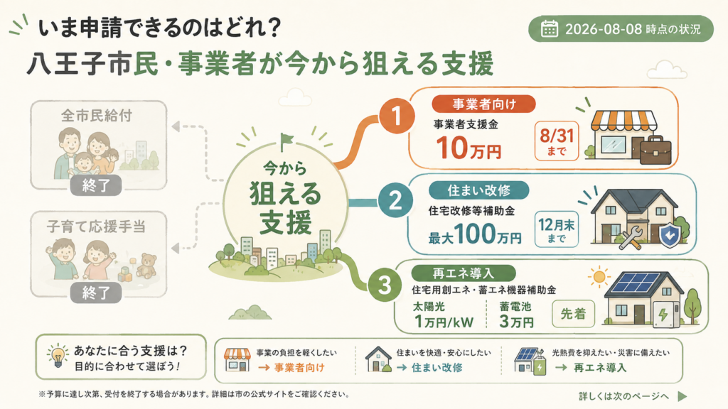 図解：令和8年度、八王子市で今から申請できる支援はどれ？