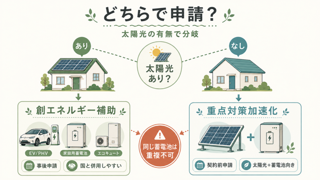 図解：蓄電池は「創エネ」と「重点対策加速化」のどちらで申請すべきか？
