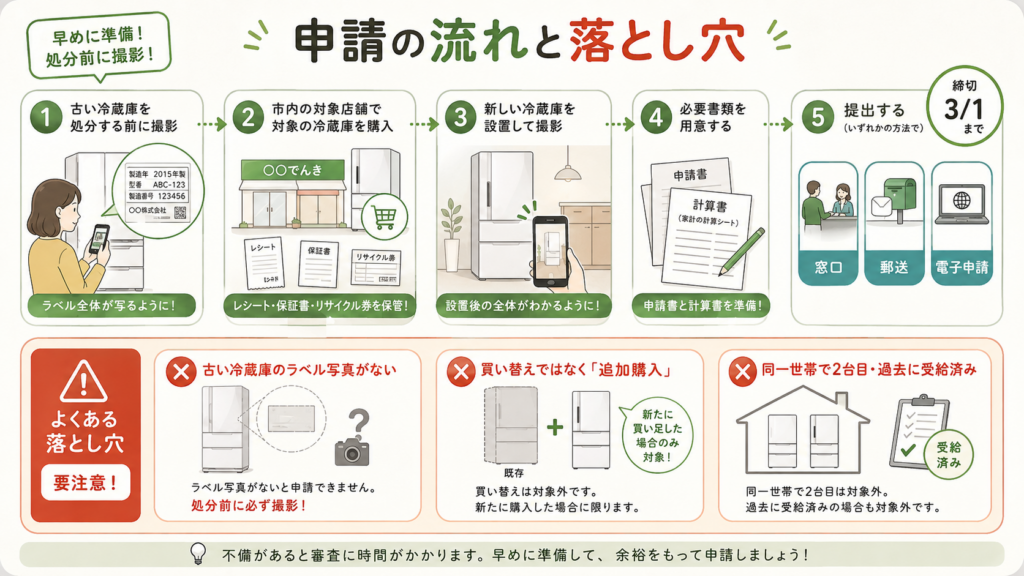 申請方法と、落ちる人がつまずく3つのポイントを整理した図解