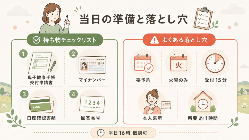宇城市での申請の流れ（母子健康手帳の交付と同時）を整理した図解