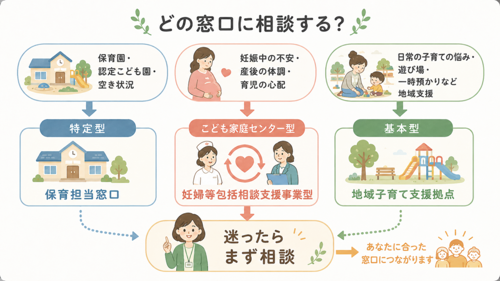 相談できる人・使える場面(対象者条件)を整理した図解