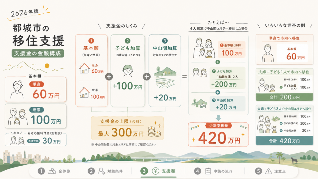 移住応援給付金の要件（令和8年度・現行）を整理した図解