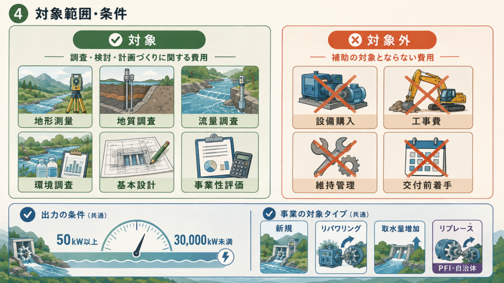 対象になる調査と発電出力の条件を整理した図解