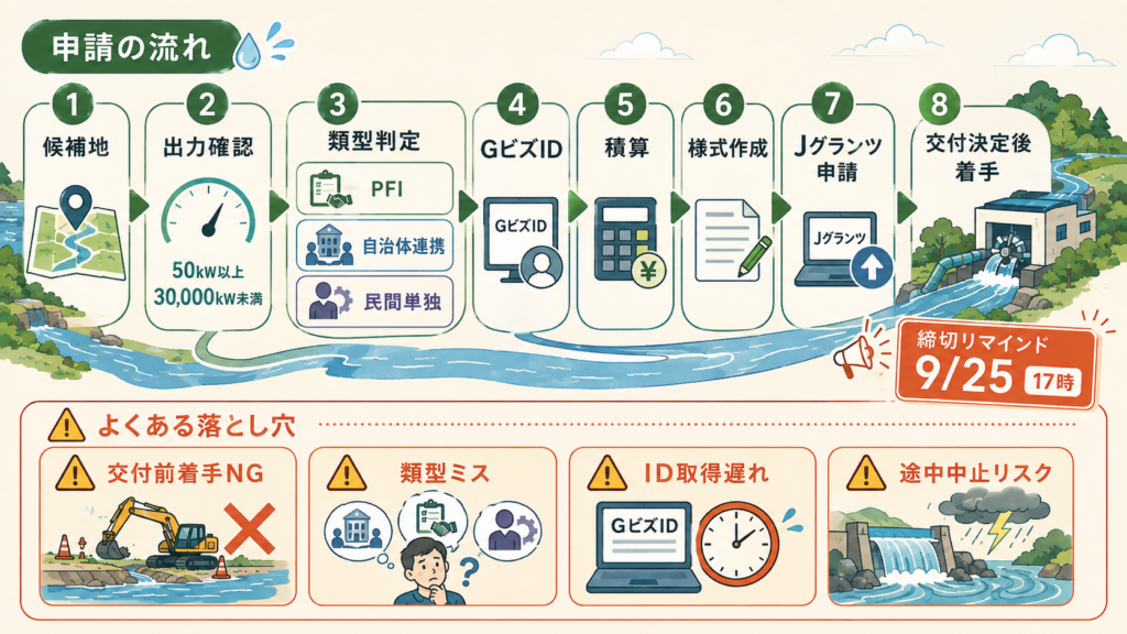 水力発電事業性評価支援事業の申請の流れと必要書類を整理した図解