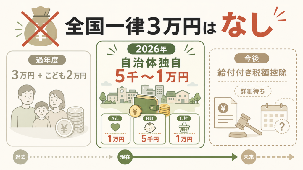 令和8年度に3万円給付はある?答えは「全国一律はゼロ、自治体独自で1万円前後」を整理した図解