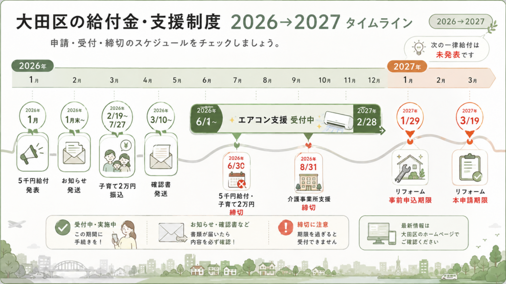 大田区の支援はいつ動く？2026年から2027年の時期カレンダーを整理した図解