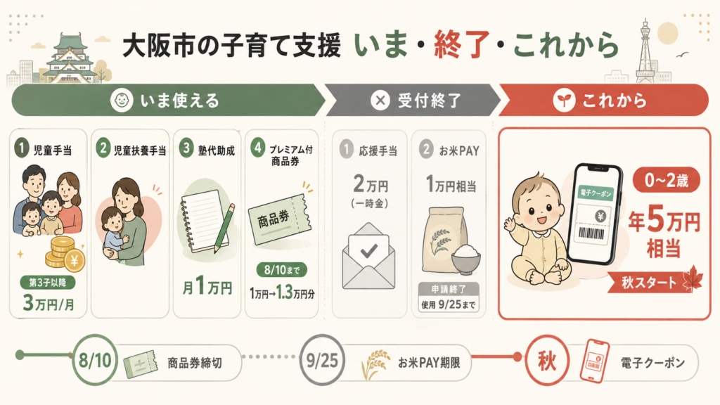 図解:大阪市で令和8年8月のいま受け取れる子育て給付はどれ?