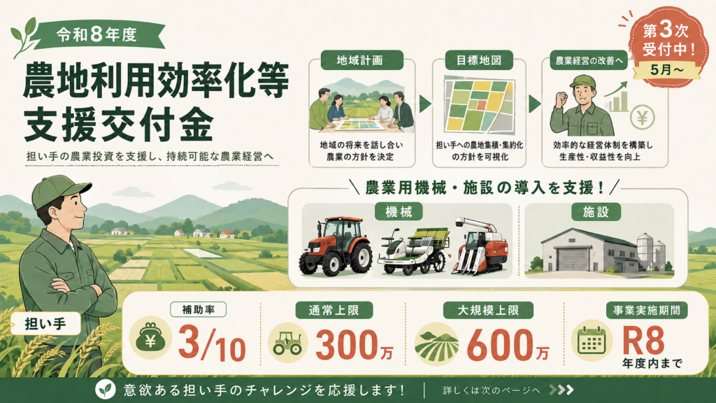 対象者の条件(認定農業者・認定就農者・集落営農組織)を整理した図解