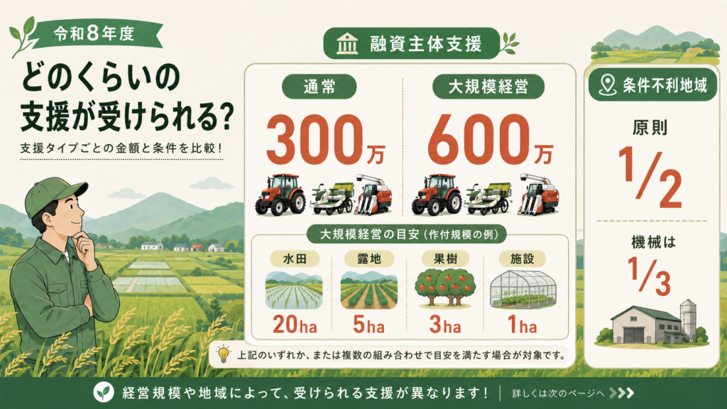 いくらもらえるか(タイプ別・規模別の補助上限と補助率)を整理した図解